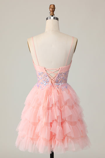 Pink A Line Corset Sequins Short Homecoming Dress with Ruffles